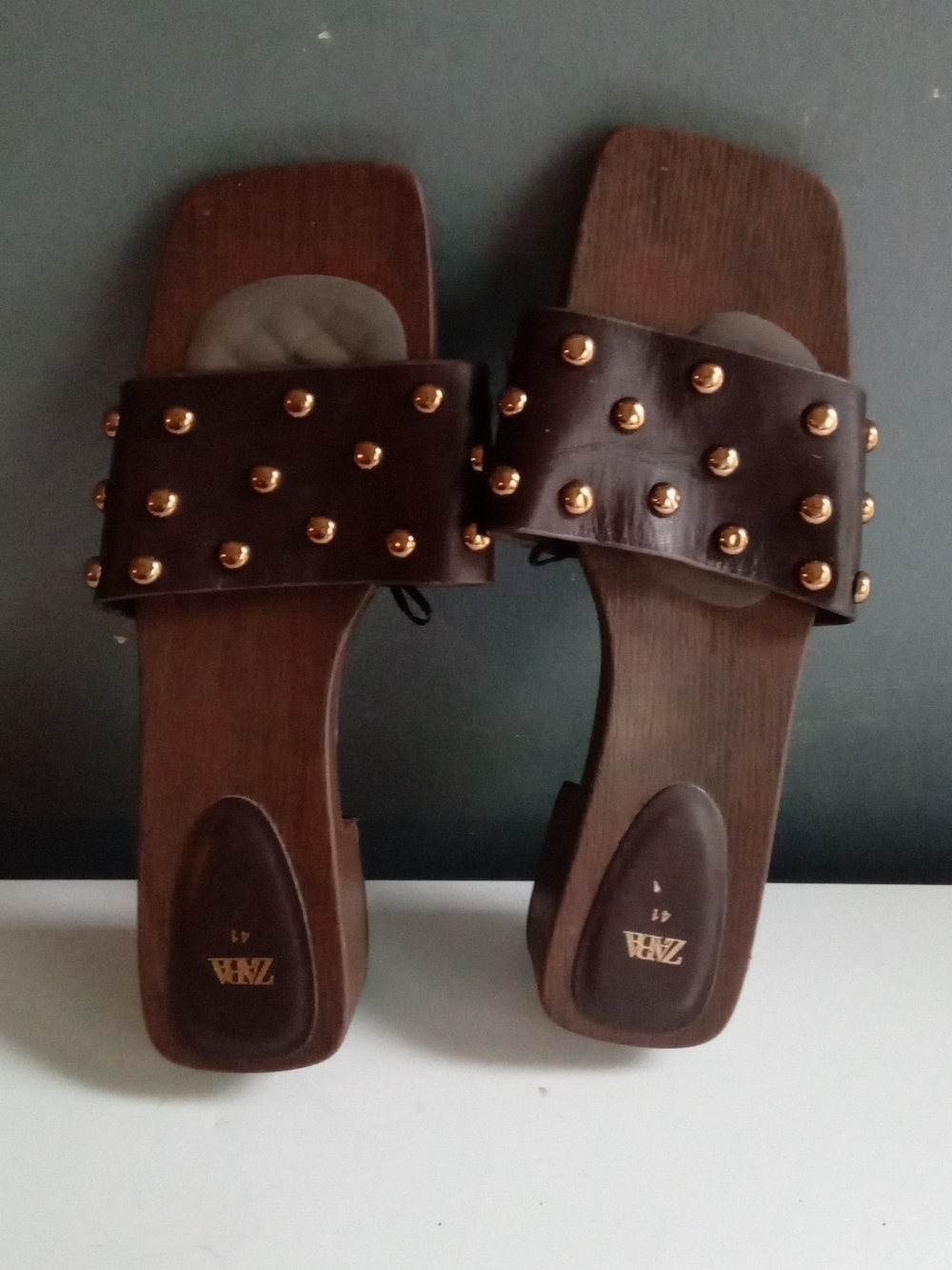 Zara Dark Brown Leather Slide Sandals with Gold Studs